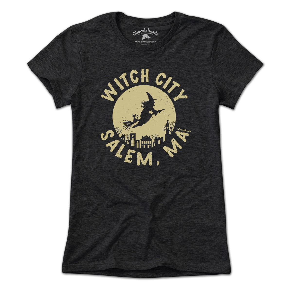 Ladies Tee in Charcoal with Witch City Salem MA Skyline graphic