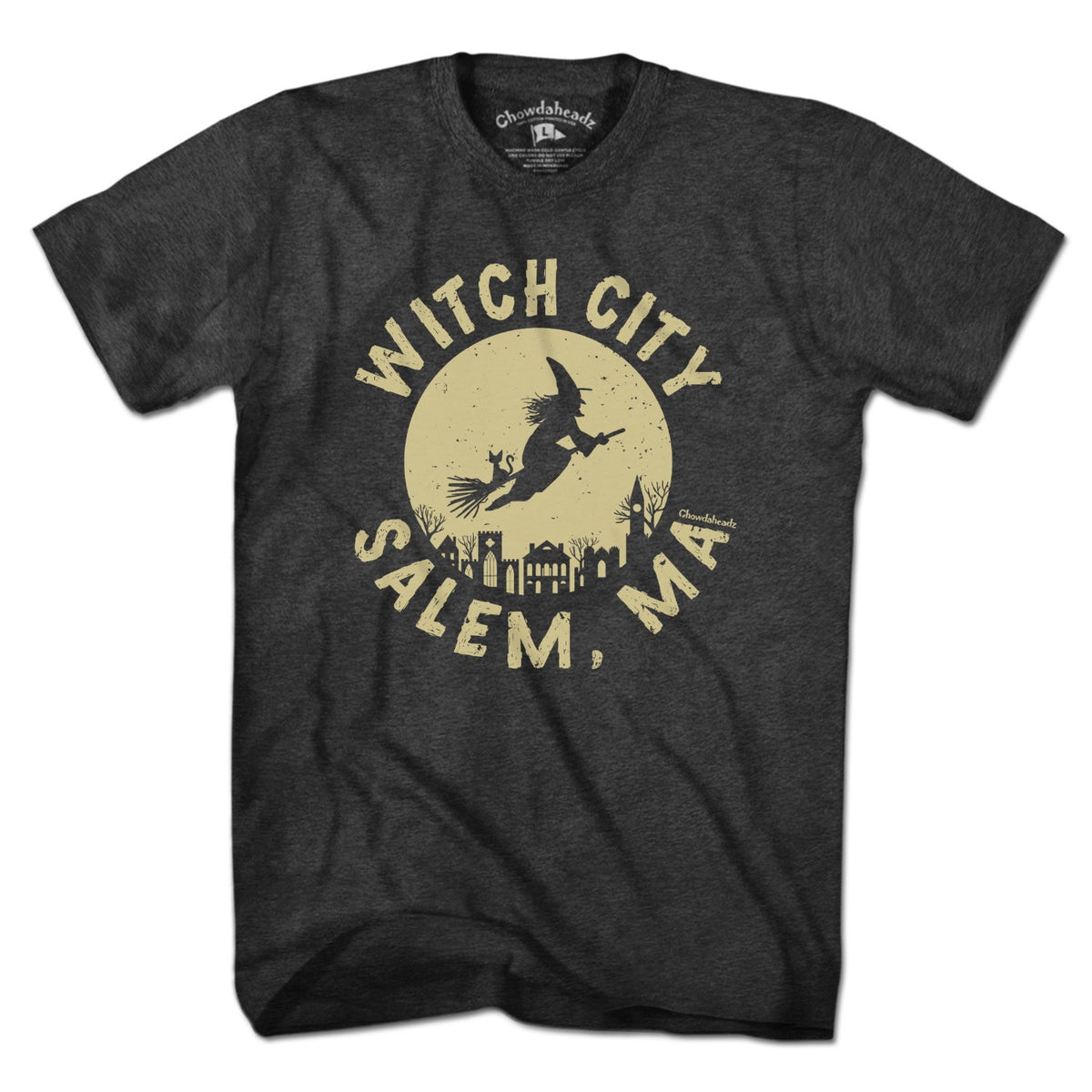 Men's Tee in Charcoal with Witch City Salem MA Skyline graphic