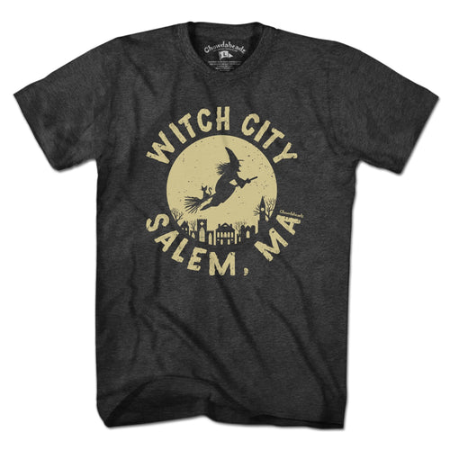 Men's Tee in Charcoal with Witch City Salem MA Skyline graphic
