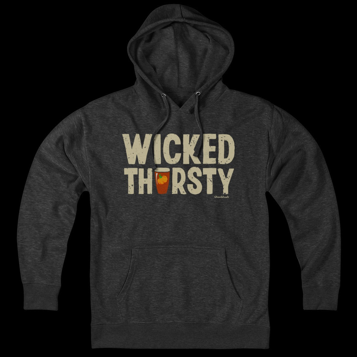 Hoodie in Charcoal with Wicked Thirsty Pumpkin Beer New England fall graphic