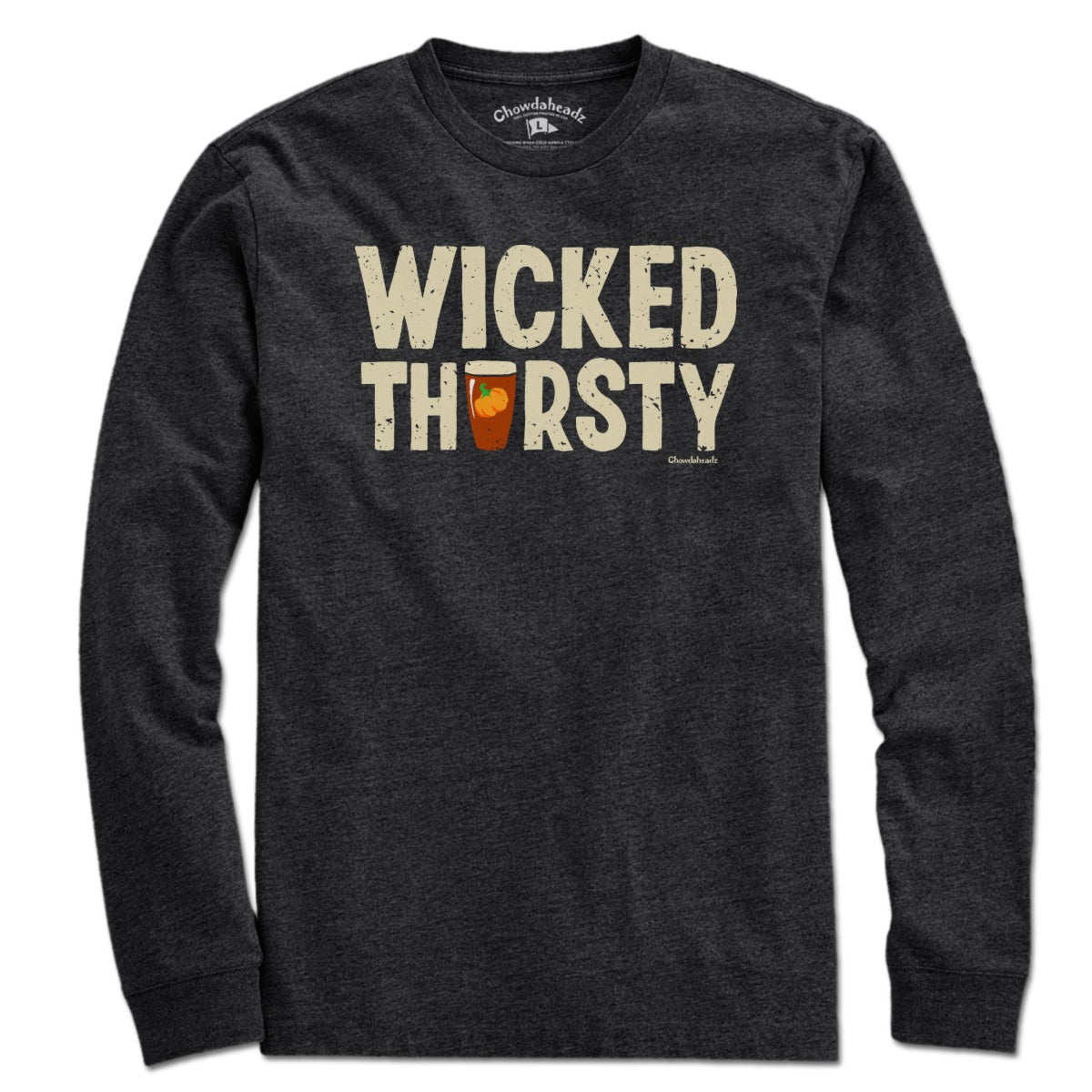 Long Sleeve in Charcoal with Wicked Thirsty Pumpkin Beer New England fall graphic