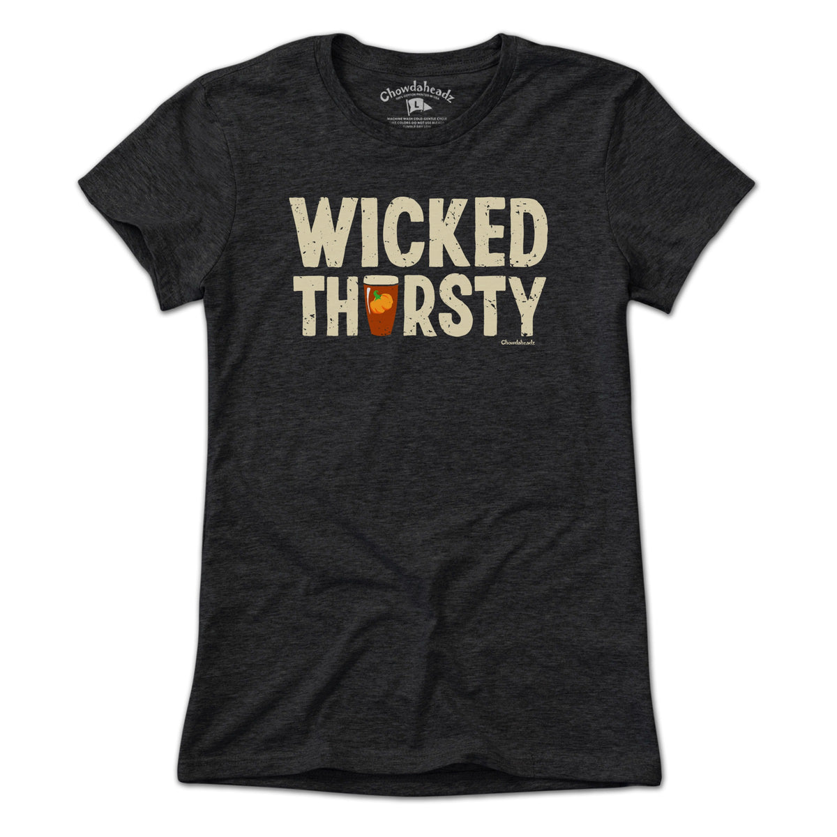 Wicked Thirsty Pumpkin Beer tee graphic detail in Charcoal