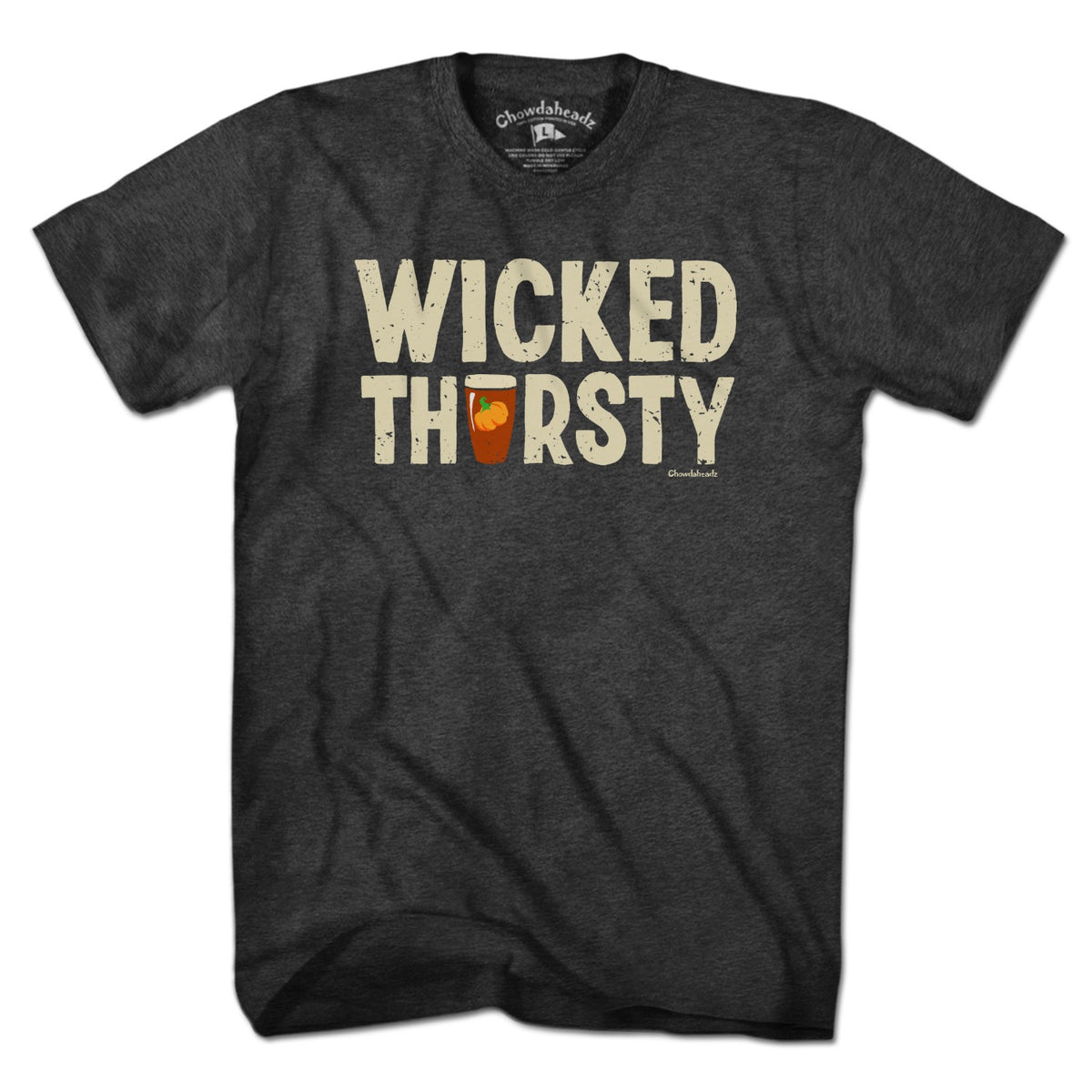 Men's Tee in Charcoal with Wicked Thirsty Pumpkin Beer New England fall graphic