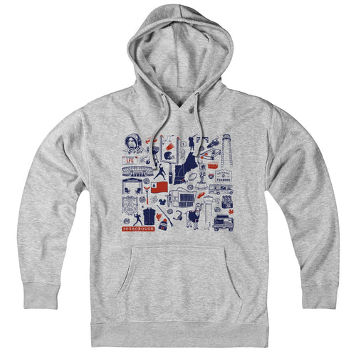 Front view of a gray Foxboro Football Tourist Attraction hoodie with a navy-and-red collage, drawstring hood, and kangaroo pocket