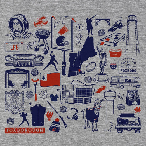 Close-up of the Foxboro Football Tourist Attraction design with stadium, football, tailgate illustrations, Entering Foxboro sign, and New England map