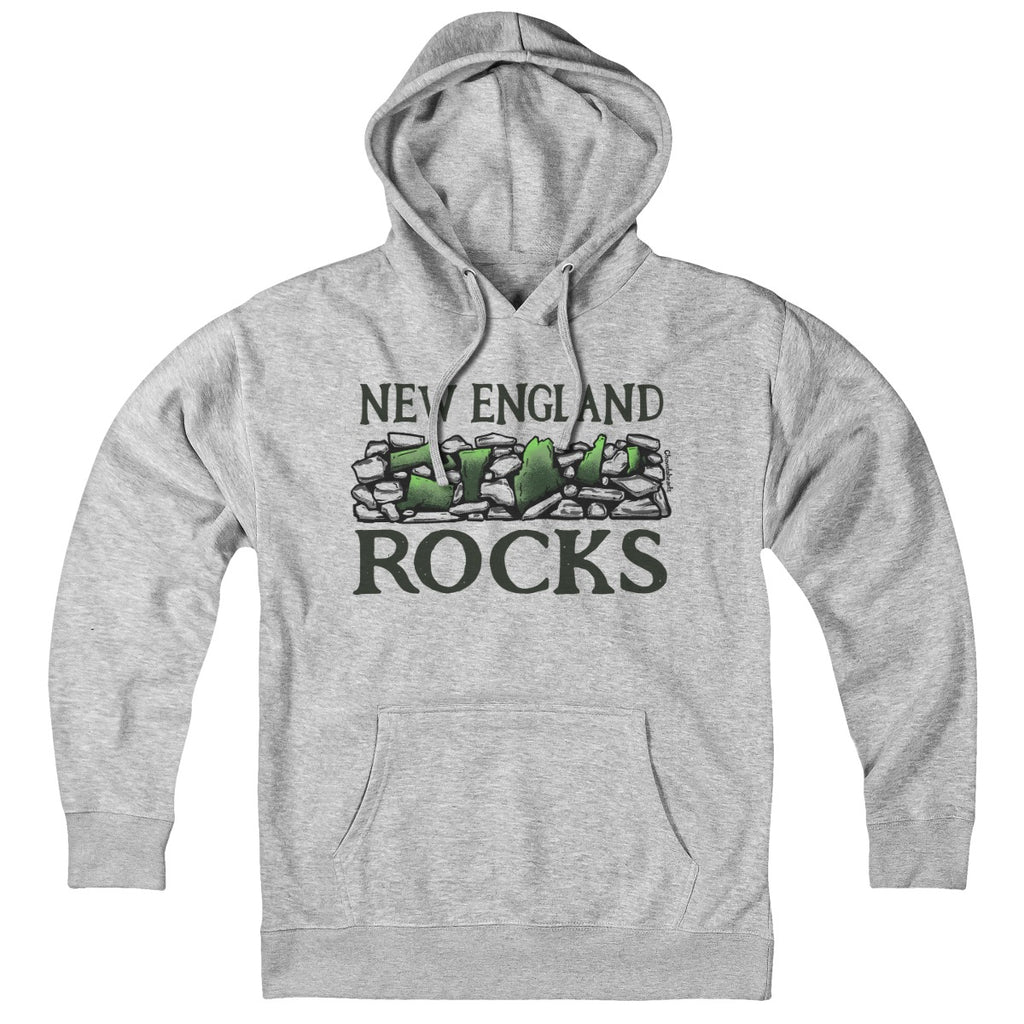 Gray New England Rocks pullover hoodie with a stone-wall graphic and green New England state shapes