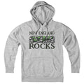 Gray New England Rocks pullover hoodie with a stone-wall graphic and green New England state shapes