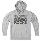 Gray New England Rocks pullover hoodie with a stone-wall graphic and green New England state shapes