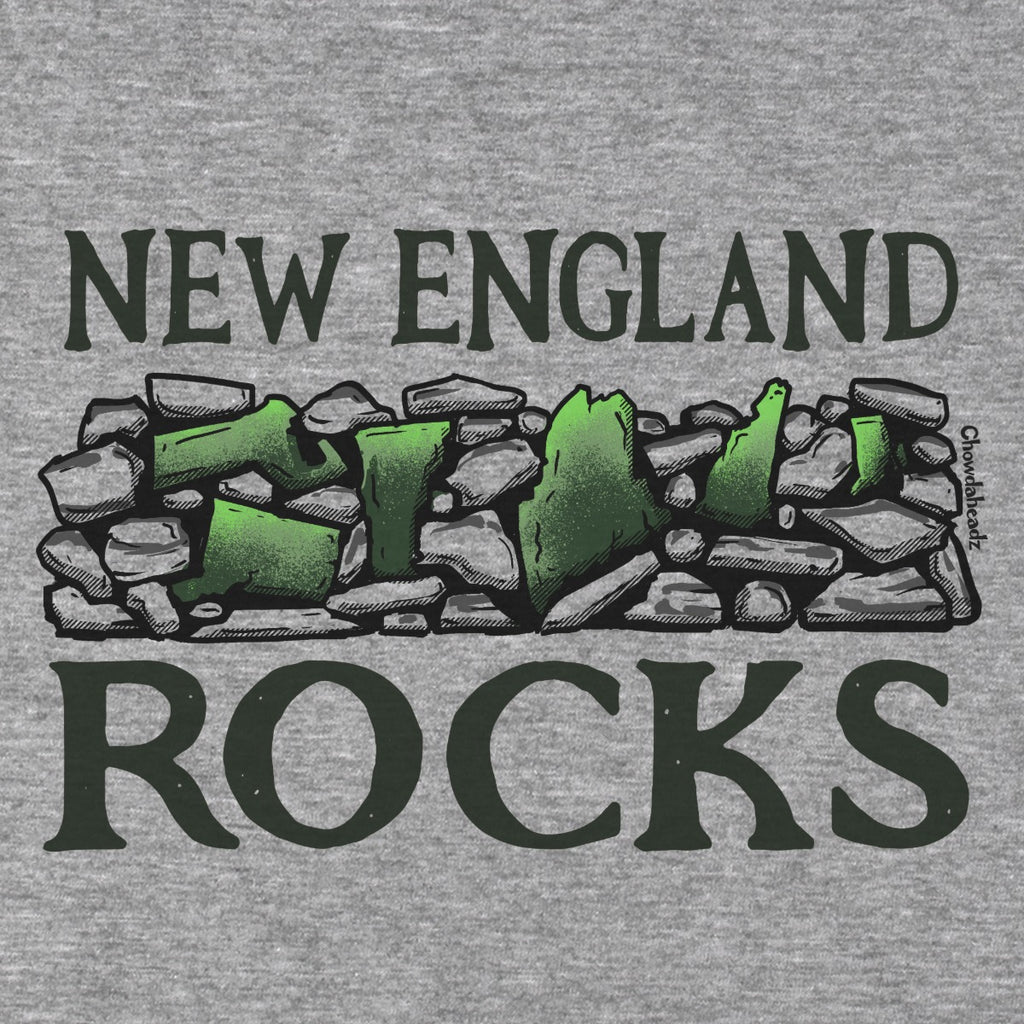 Close-up of New England Rocks lettering above and below gray stones with green New England state silhouettes