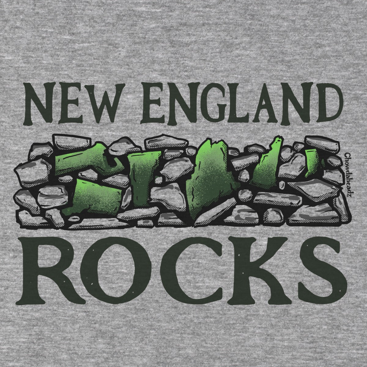 Close-up of New England Rocks lettering above and below gray stones with green New England state silhouettes