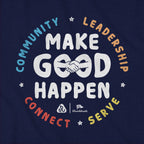 Close-up of Make Good Happen handshake design with Community, Leadership, Connect and Serve lettering