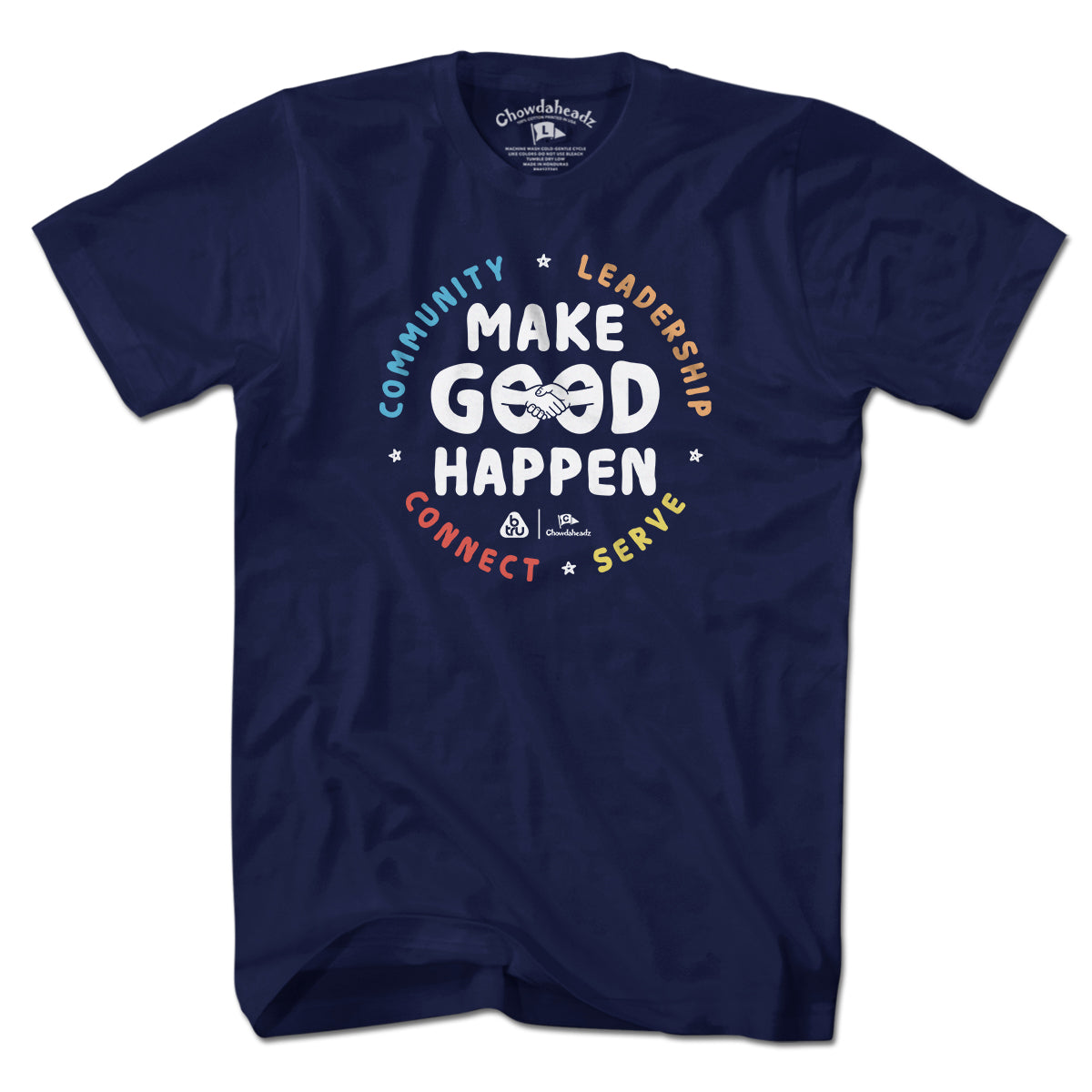 Navy B-Tru Make Good Happen T-shirt with handshake and colorful community lettering
