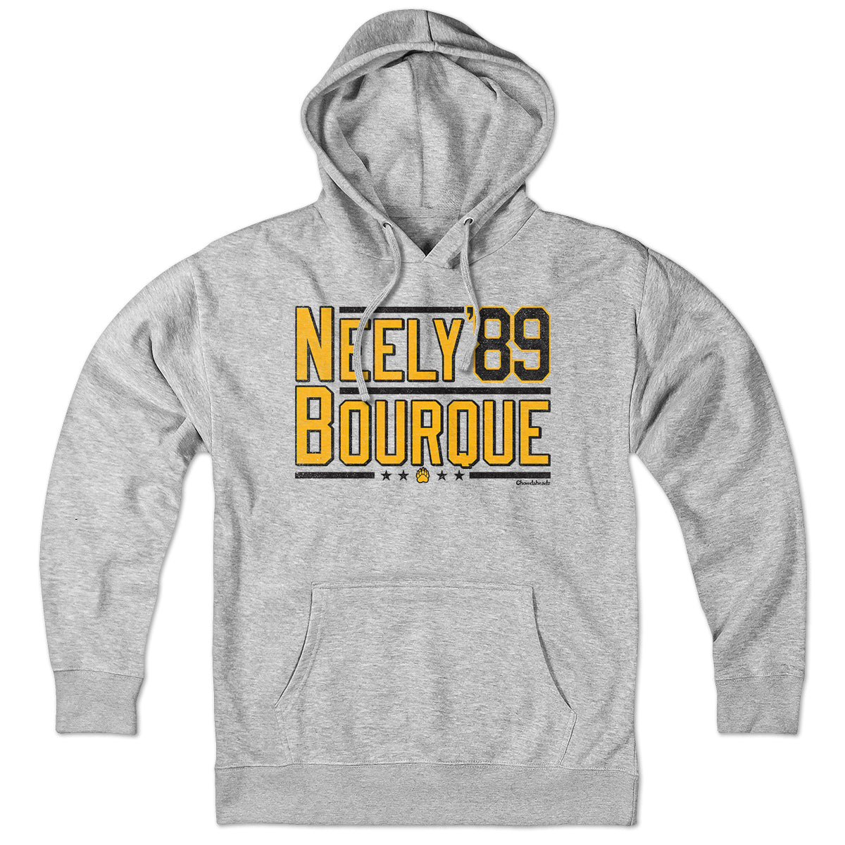 Front view of gray pullover hoodie with gold-and-black Neely Bourque '89 design, drawstring hood and kangaroo pocket