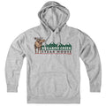 Gray pullover hoodie with a front pouch pocket and Bugaboo Creek Steak House moose and green mountain graphic