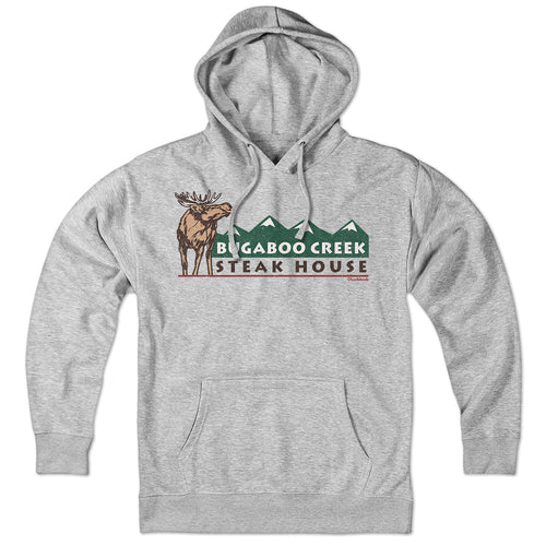 Gray pullover hoodie with a front pouch pocket and Bugaboo Creek Steak House moose and green mountain graphic