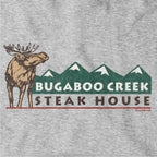 Close-up of the brown moose, green mountains, and Bugaboo Creek Steak House lettering on a gray hoodie