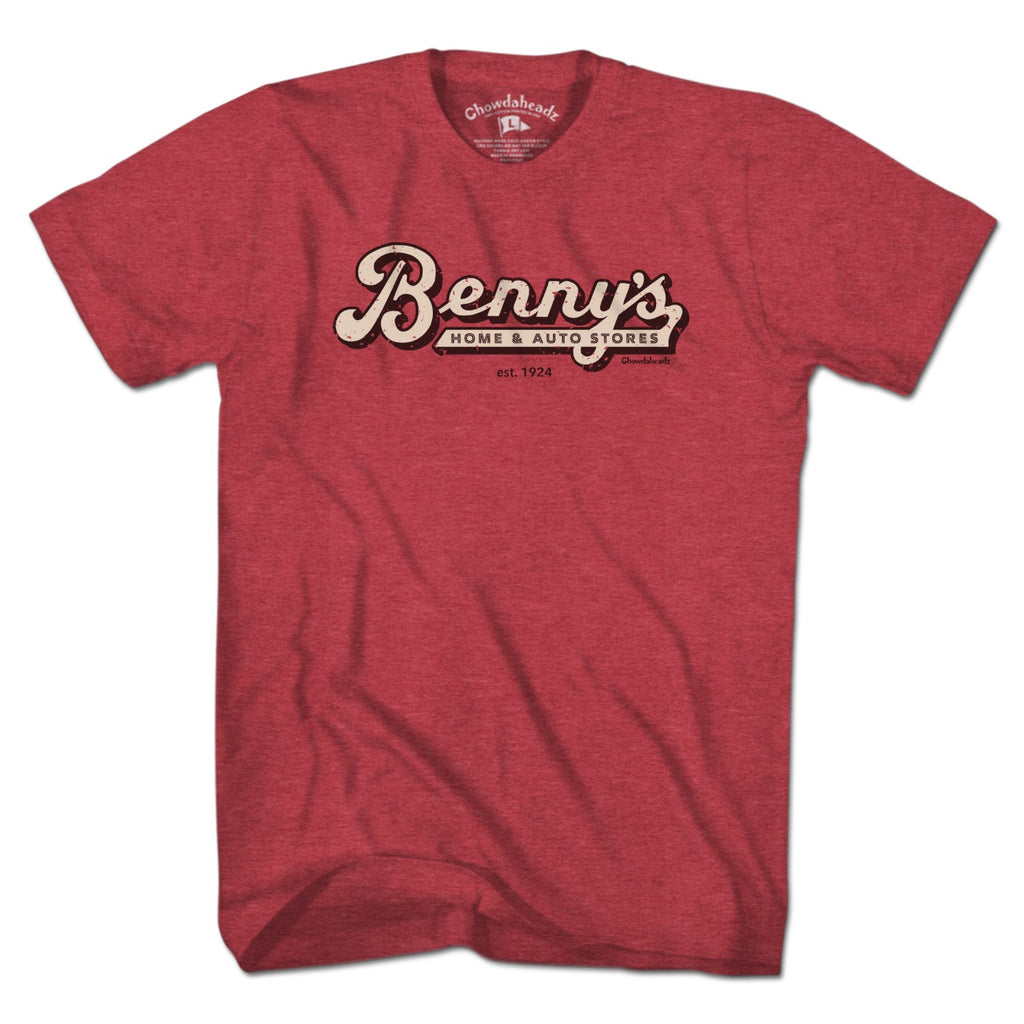 Vintage Red Benny's T-shirt with distressed cream Home and Auto Stores logo