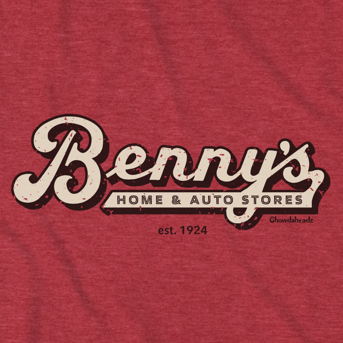 Close-up of distressed Benny's Home and Auto Stores lettering on Vintage Red fabric