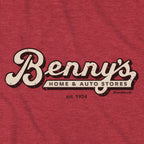 Close-up of distressed Benny's Home and Auto Stores lettering on Vintage Red fabric