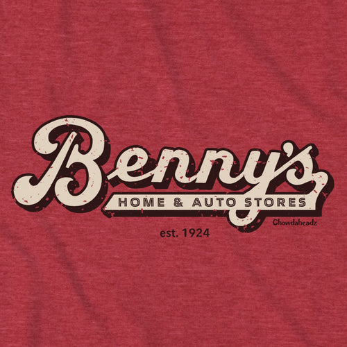 Close-up of distressed Benny's Home and Auto Stores lettering on Vintage Red fabric