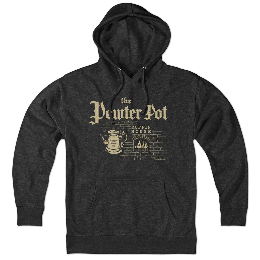 Charcoal Pewter Pot Muffin House hoodie with cream lettering, pot and fireplace artwork