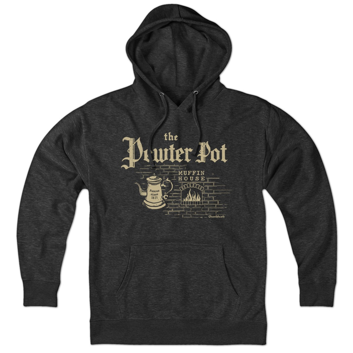 Charcoal Pewter Pot Muffin House hoodie with cream lettering, pot and fireplace artwork