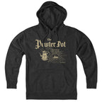 Charcoal Pewter Pot Muffin House hoodie with cream lettering, pot and fireplace artwork