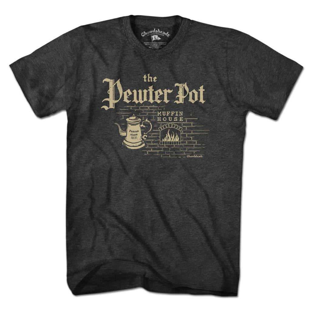 Charcoal Pewter Pot Muffin House T-shirt with cream pot and fireplace graphic