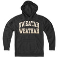 Charcoal Sweatah Weathah hoodie, front view with cream-and-tan varsity lettering