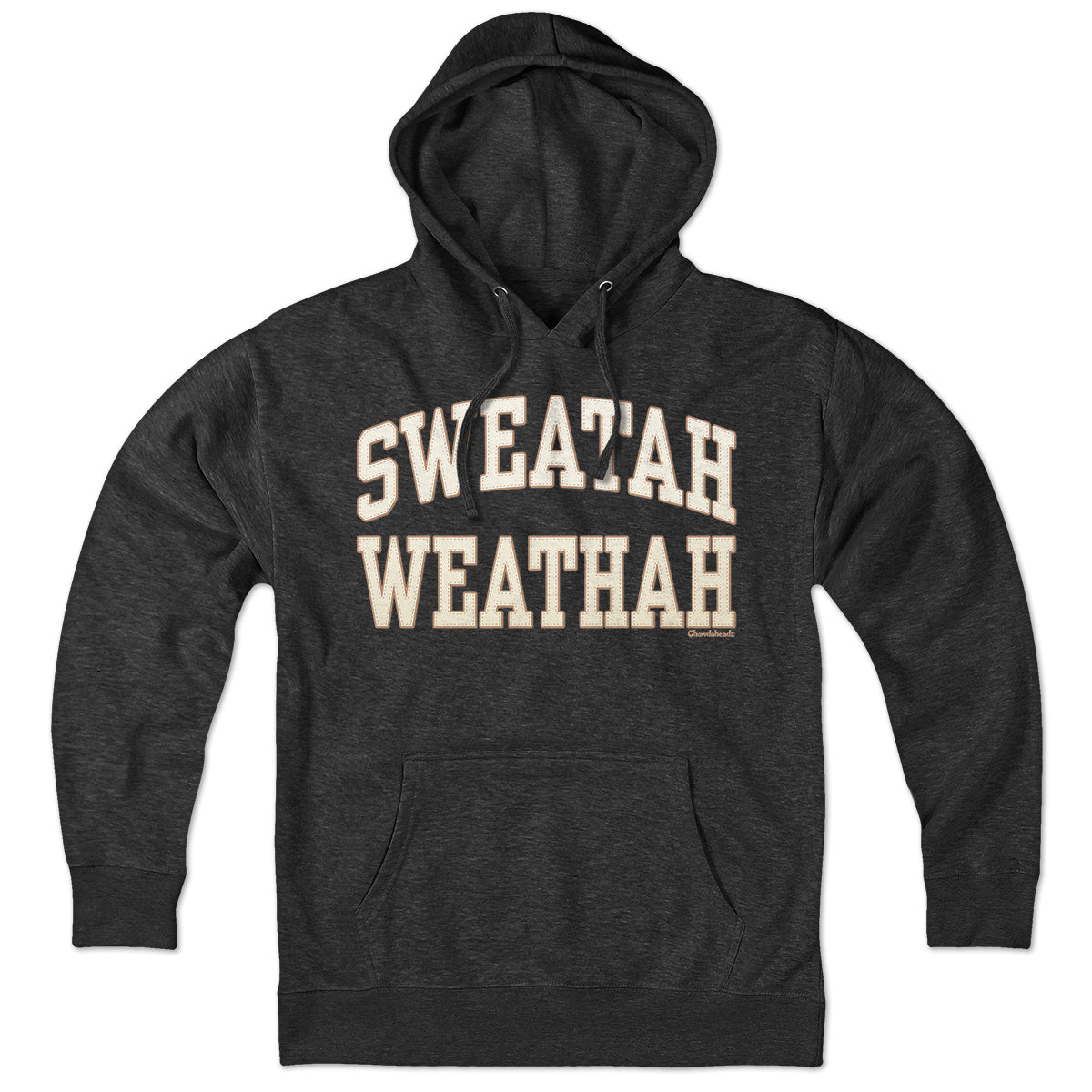 Charcoal Sweatah Weathah hoodie, front view with cream-and-tan varsity lettering