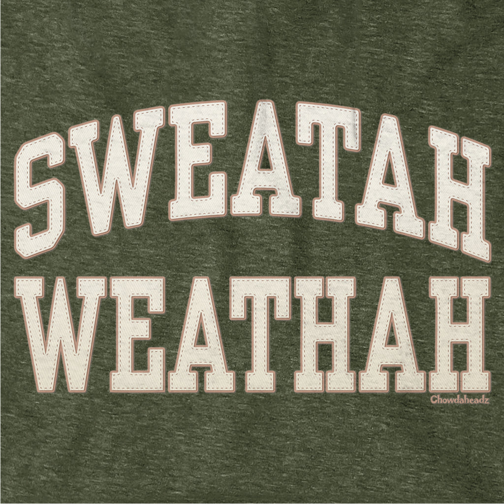 Close-up of cream-and-tan Sweatah Weathah lettering with stitch-style detailing on military green fabric