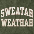 Close-up of cream-and-tan Sweatah Weathah lettering with stitch-style detailing on military green fabric