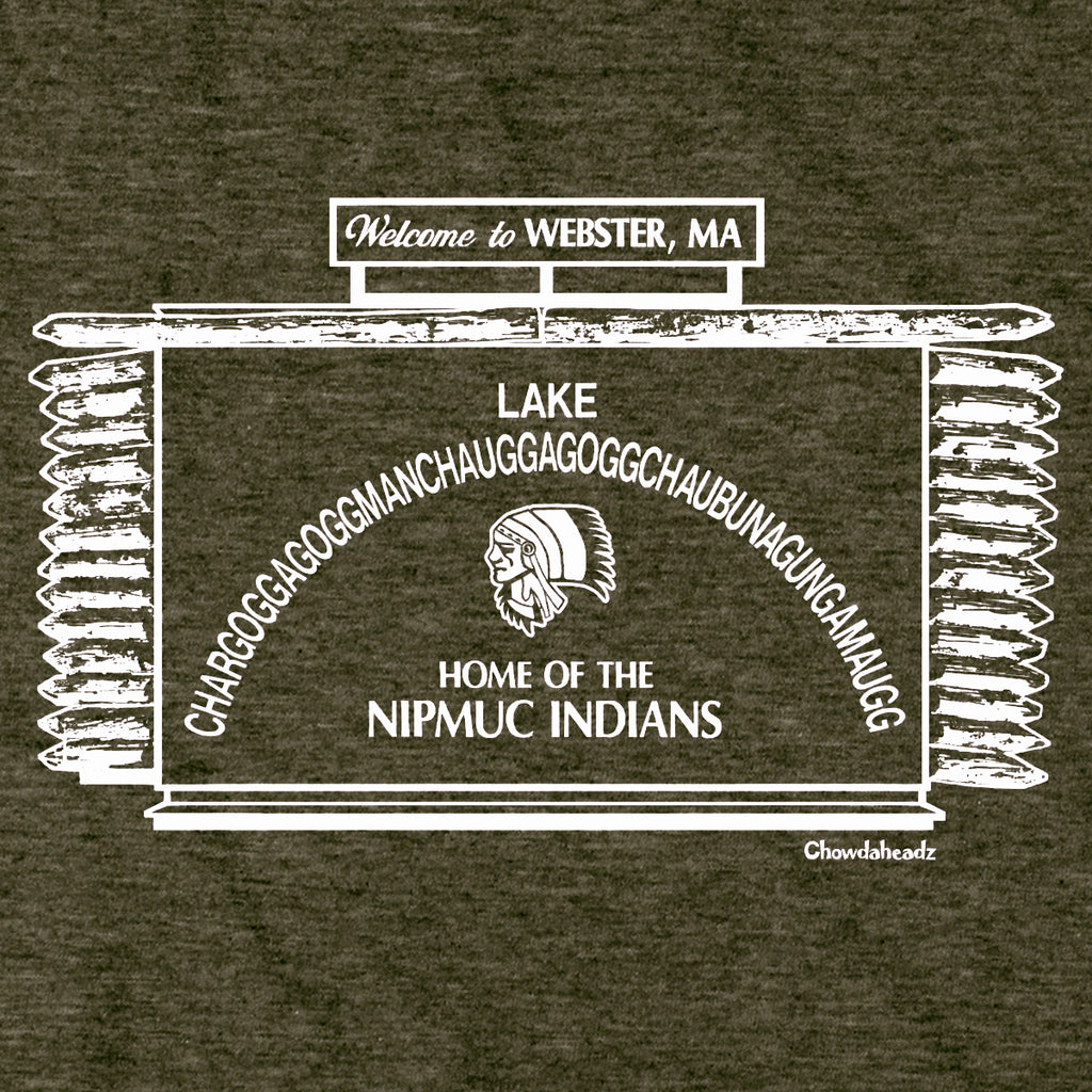 Close-up of white Webster lake-sign artwork on military green hoodie fabric, with a log-style border, arched lake name, and 'Home of the Nipmuc Indians.'