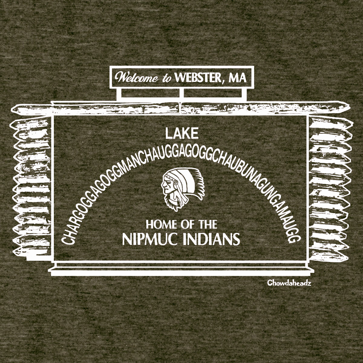 Close-up of white Webster lake-sign artwork on military green hoodie fabric, with a log-style border, arched lake name, and 'Home of the Nipmuc Indians.'