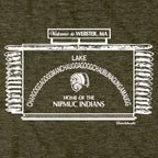 Close-up of white Webster lake-sign artwork on military green hoodie fabric, with a log-style border, arched lake name, and 'Home of the Nipmuc Indians.'