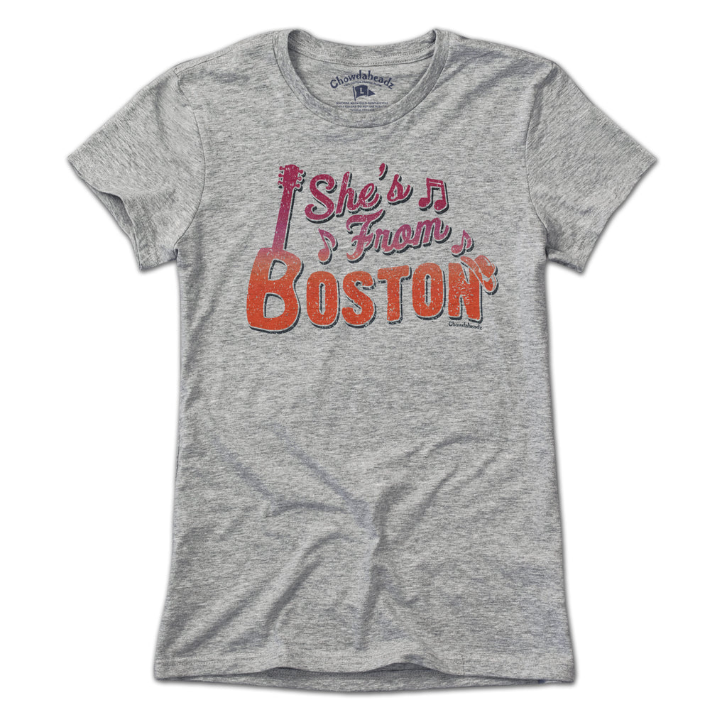 She's From Boston T-Shirt — ladies tee flat lay in Gray