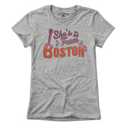 She's From Boston T-Shirt — ladies tee flat lay in Gray