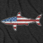 Close-up of charcoal Stars & Stripes Shark hoodie design — patriotic shark illustration