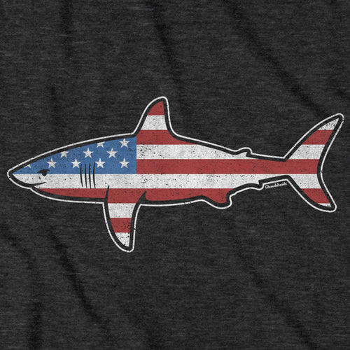 Close-up of charcoal Stars & Stripes Shark hoodie design — patriotic shark illustration