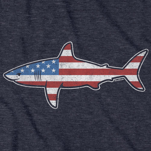 Close-up of Stars and Stripes Shark shirt design — patriotic shark illustration