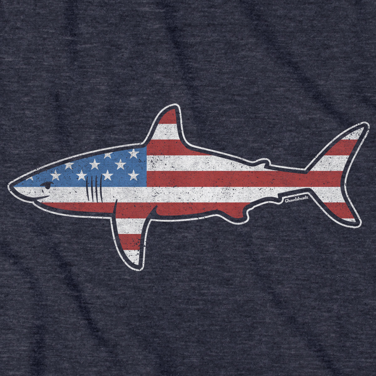 Close-up of heather blue Stars & Stripes Shark hoodie design — patriotic shark illustration