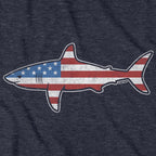 Close-up of heather blue Stars & Stripes Shark hoodie design — patriotic shark illustration