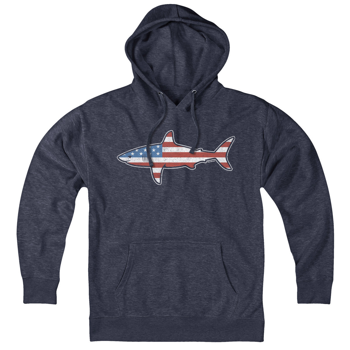 Stars & Stripes USA Shark hoodie in heather blue — patriotic shark graphic