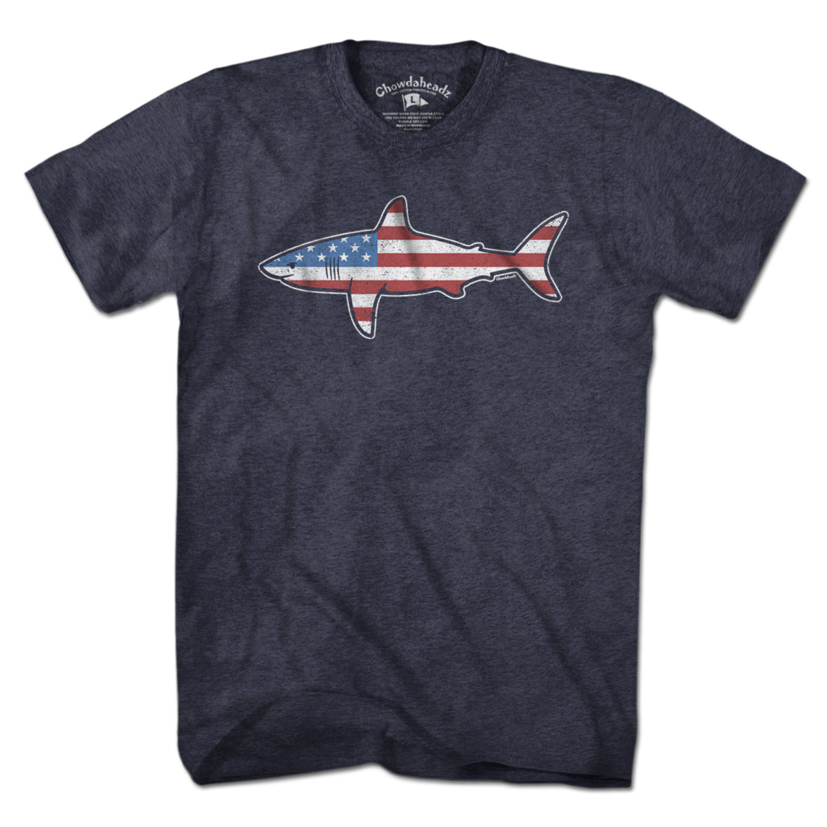 Stars and Stripes USA Shark t-shirt with patriotic shark graphic — patriotic beach tee