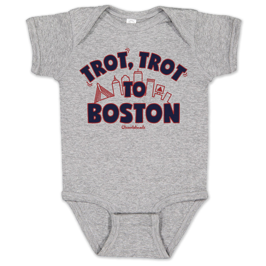 Trot Trot To Boston Infant One Piece — infant one piece flat lay in Gray