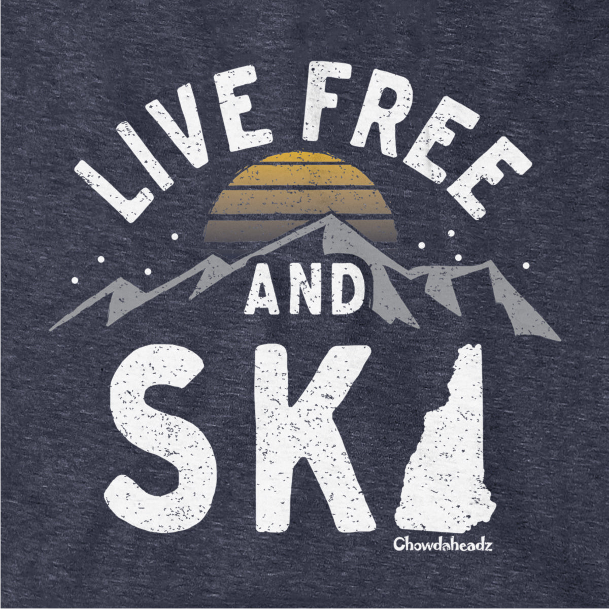 Close-up of distressed Live Free And Ski lettering, mountain range, striped sunset and New Hampshire silhouette on Heather Blue fabric