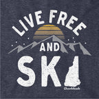 Close-up of distressed Live Free And Ski lettering, mountain range, striped sunset and New Hampshire silhouette on Heather Blue fabric