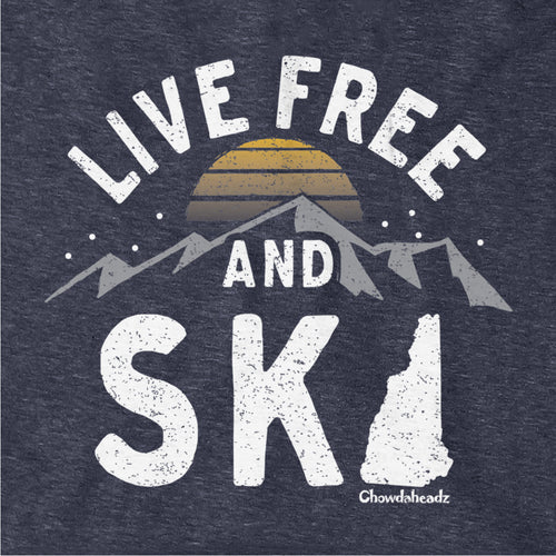 Close-up of distressed Live Free And Ski lettering, mountain range, striped sunset and New Hampshire silhouette on Heather Blue fabric