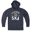 Heather Blue Live Free And Ski New Hampshire pullover hoodie with mountain and sunset graphic across the chest