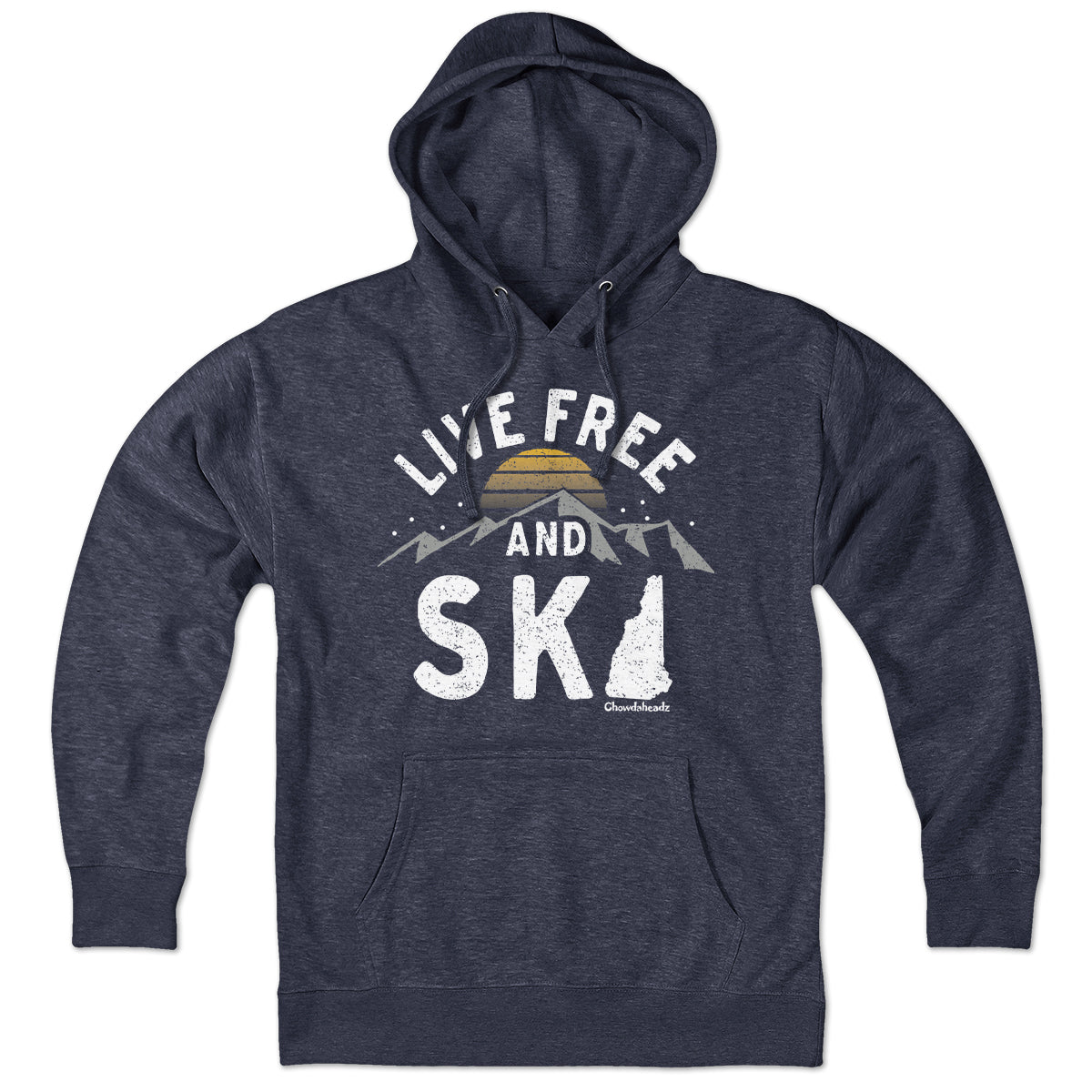 Heather Blue Live Free And Ski New Hampshire pullover hoodie with mountain and sunset graphic across the chest